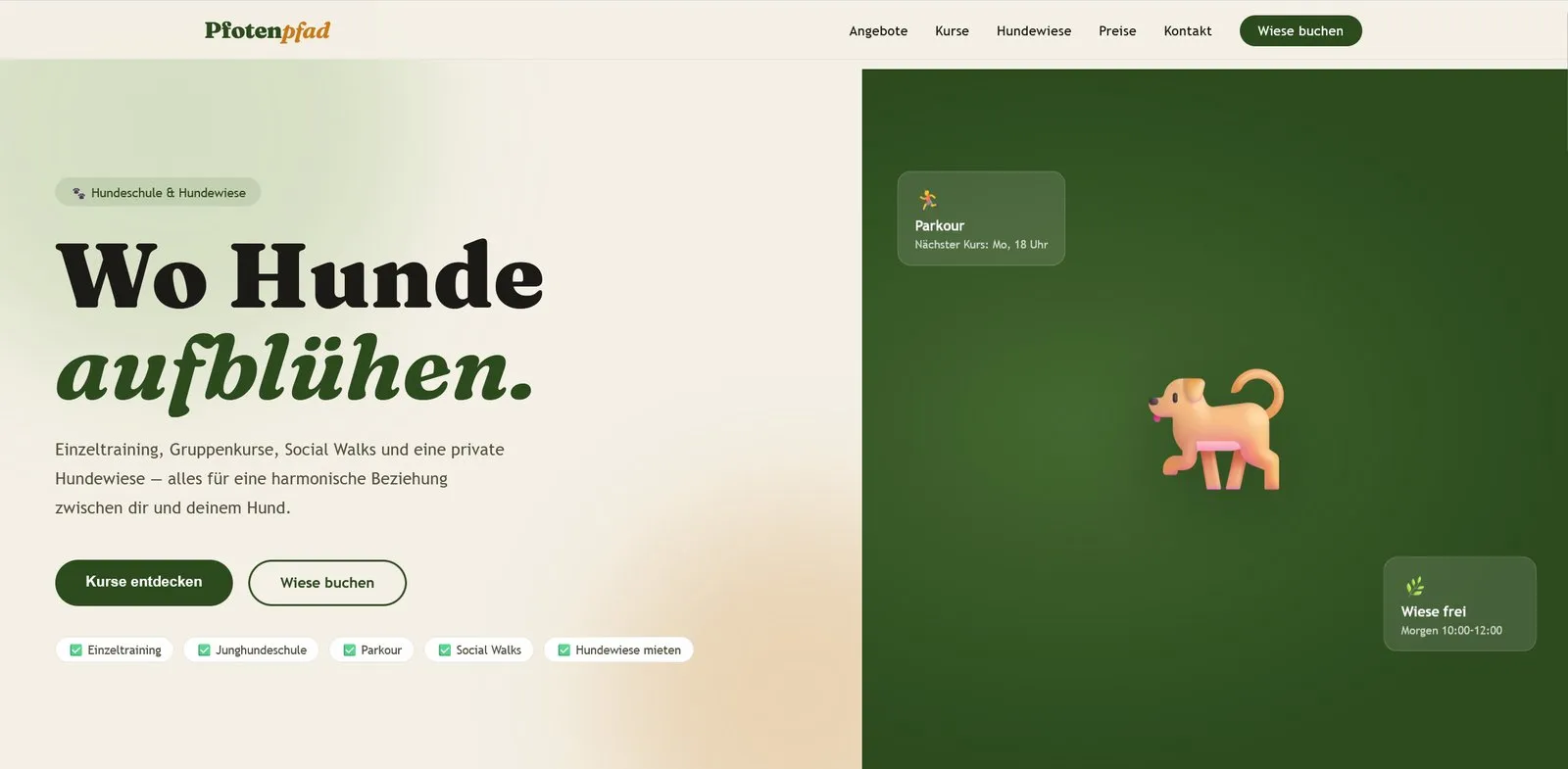 Webseite Hundeschule und Hundewiese mit Onlinekalender